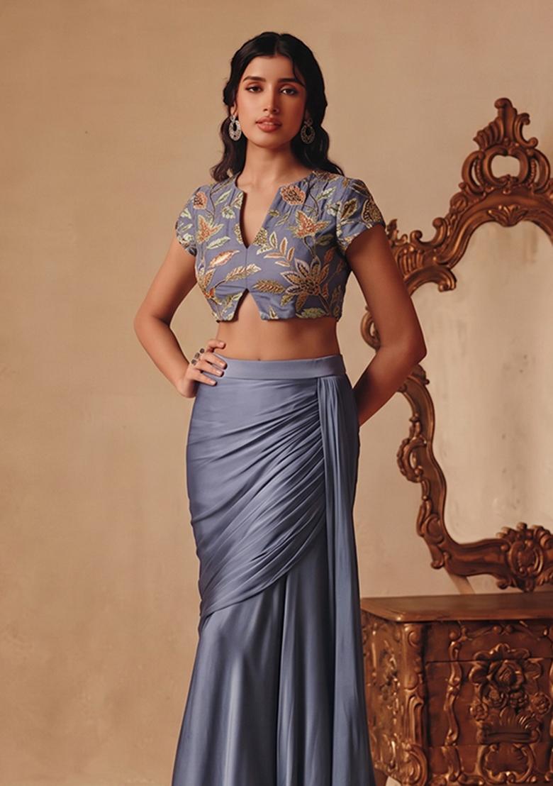 Steel Blue Printed Viscose Fusion Set - Indya
