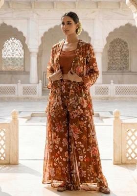Rust Brown Printed Chiffon Fusion Set
