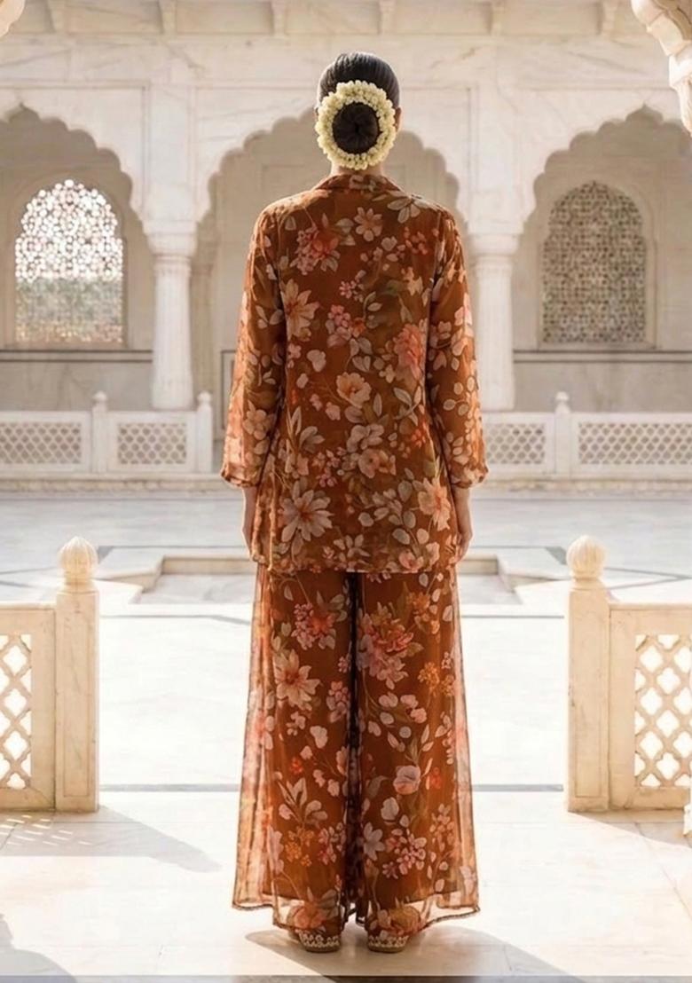 Rust Brown Printed Chiffon Fusion Set - Indya