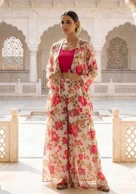 Rani Pink Printed Chiffon Fusion Set