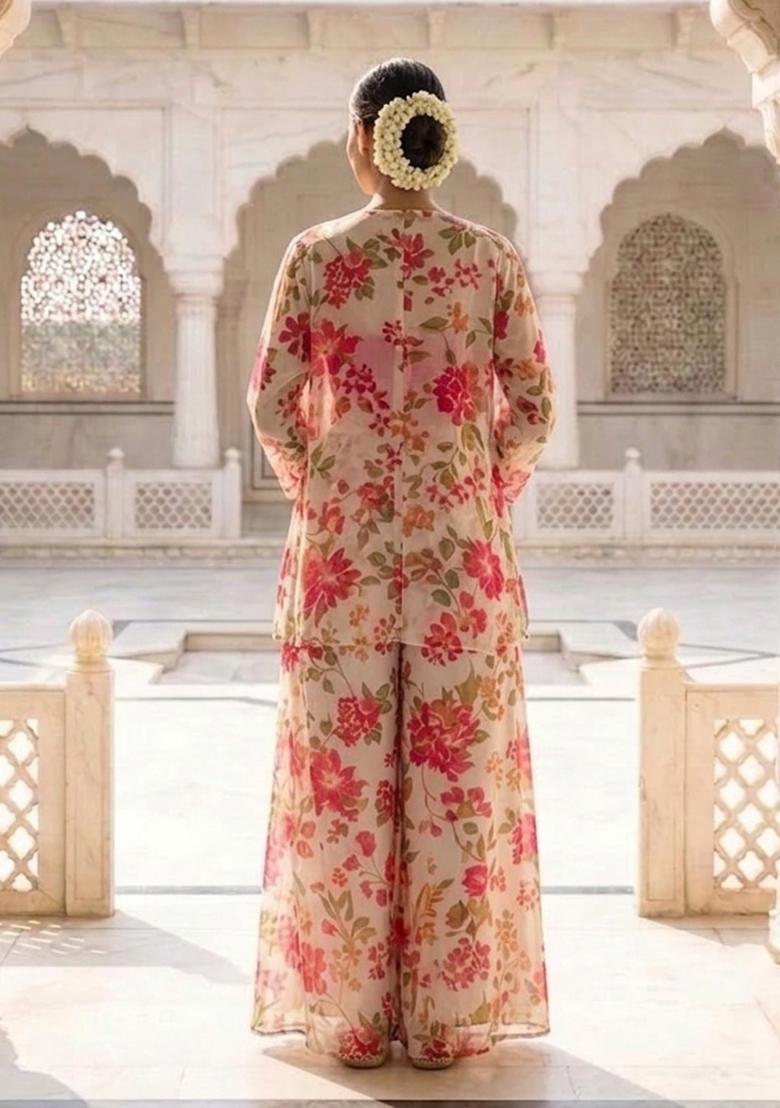 Rani Pink Printed Chiffon Fusion Set - Indya