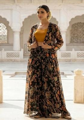 Charcoal Black Printed Chiffon Fusion Set