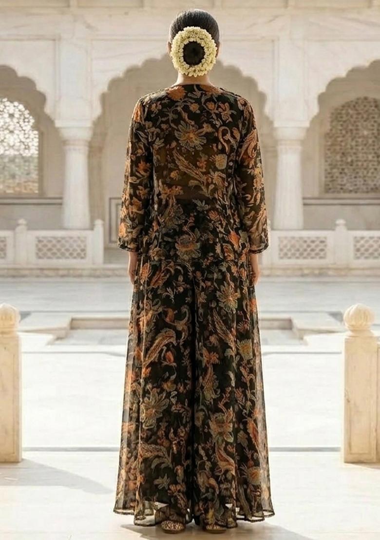 Charcoal Black Printed Chiffon Fusion Set - Indya