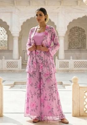 Dusty Pink Printed Chiffon Fusion Set