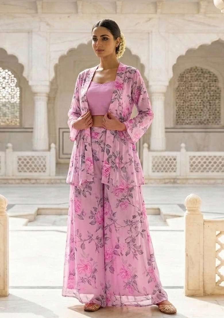 Dusty Pink Printed Chiffon Fusion Set - Indya