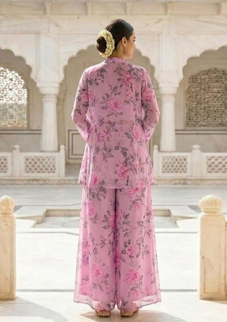Dusty Pink Printed Chiffon Fusion Set - Indya