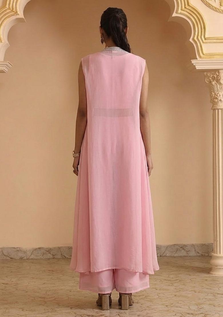 Baby Pink Embellished Georgette Fusion Set - Indya