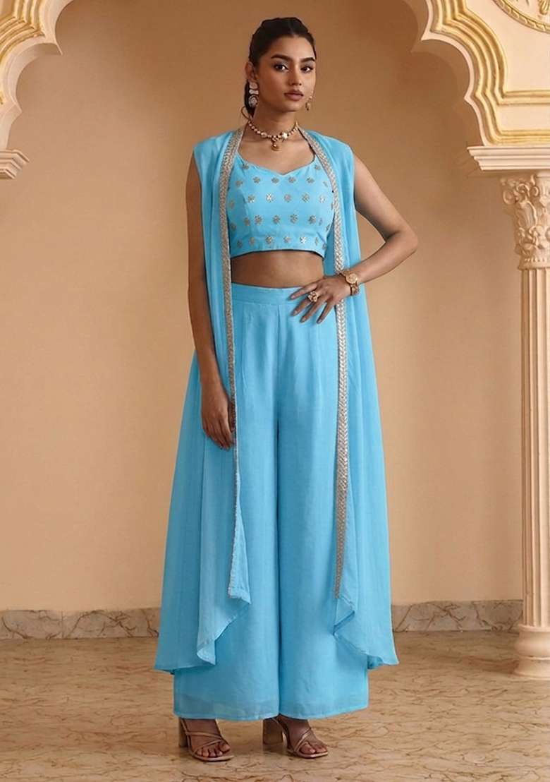 Sky Blue Georgette Fusion Set with Sequin for Diwali | Wedding & Festive Wear - Indya