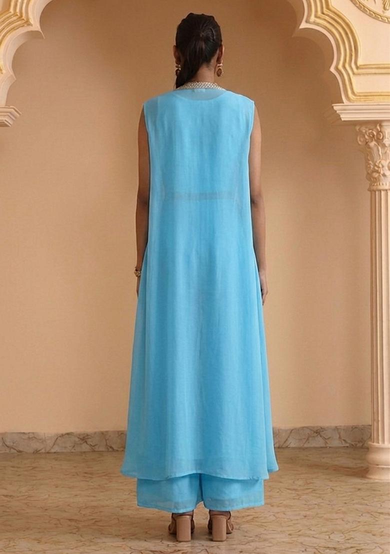 Sky Blue Sequin Georgette Fusion Set - Indya