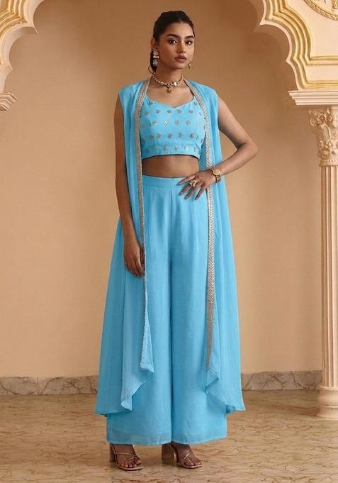 Sky Blue Sequin Georgette Fusion Set