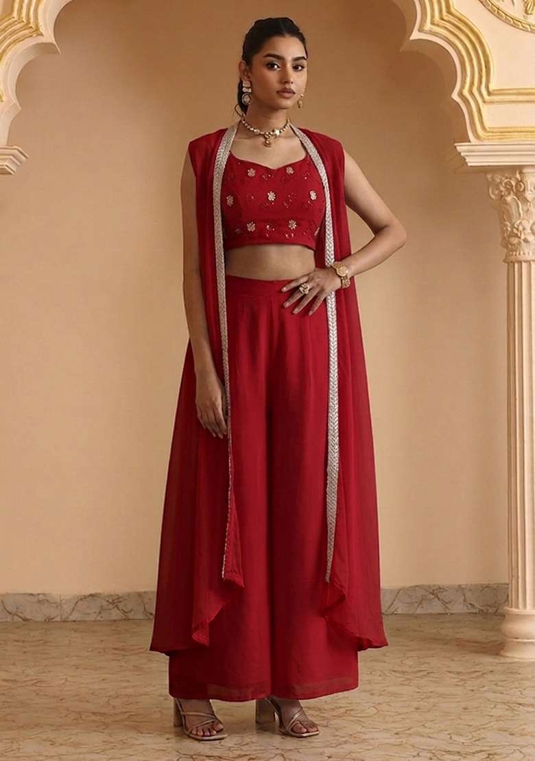Crimson Red Embellished Georgette Fusion Set for Diwali and Festive Wear - Indya