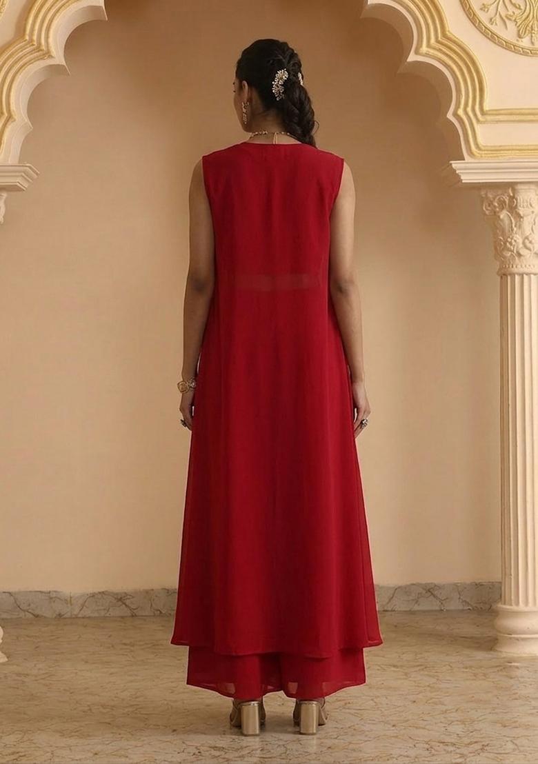 Crimson Red Embellished Georgette Fusion Set - Indya
