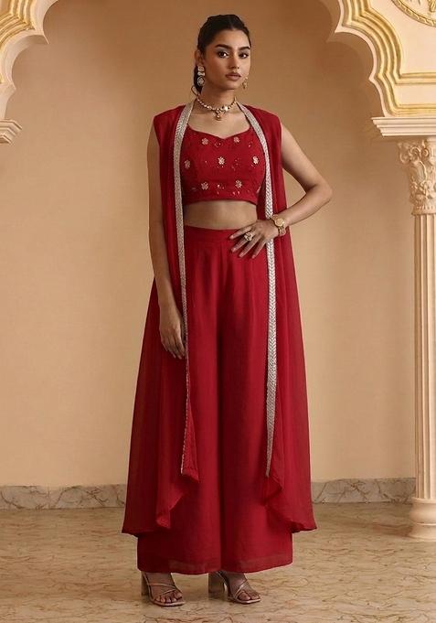 Crimson Red Embellished Georgette Fusion Set