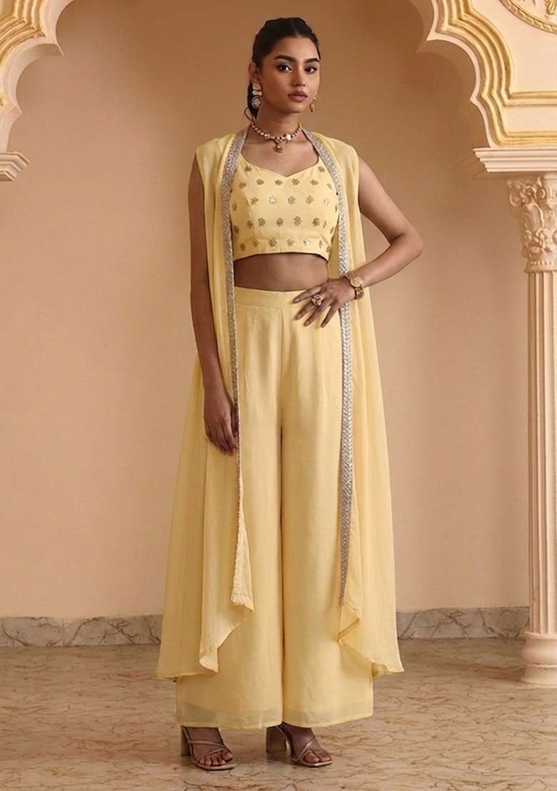 Pastel Yellow Embellished Georgette Fusion Set for Diwali | Wedding & Festive Wear - Indya
