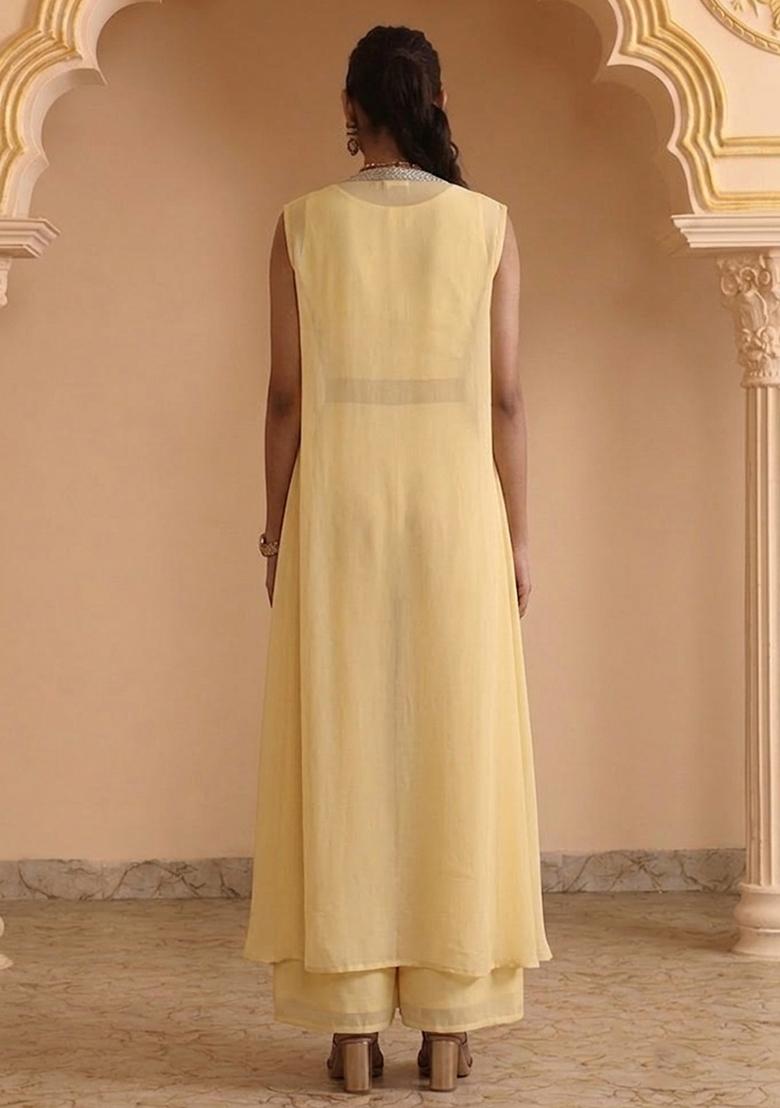 Pastel Yellow Embellished Georgette Fusion Set - Indya