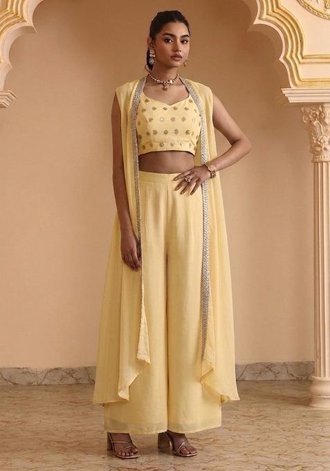 Pastel Yellow Embellished Georgette Fusion Set