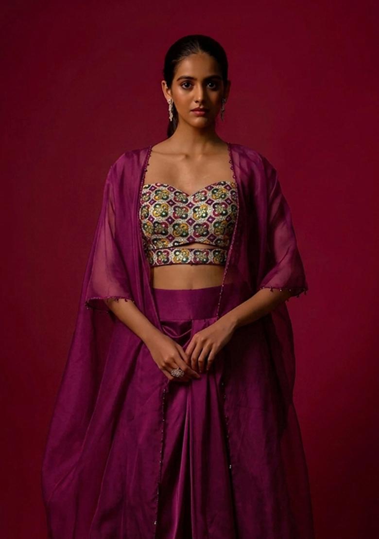 Purple Embellished Crepe Fusion Set - Indya