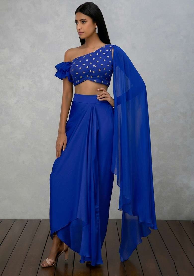 Cobalt Blue Printed Georgette Fusion Set for Diwali and Festive Wear - Indya