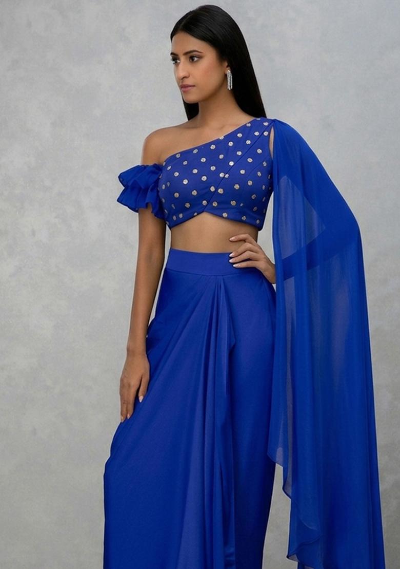 Cobalt Blue Printed Georgette Fusion Set - Indya