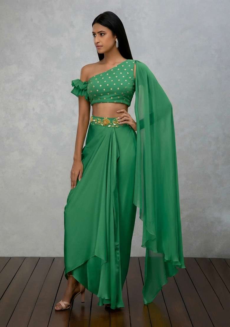 Green Embellished Georgette Fusion Set for Diwali | Wedding & Festive Wear - Indya