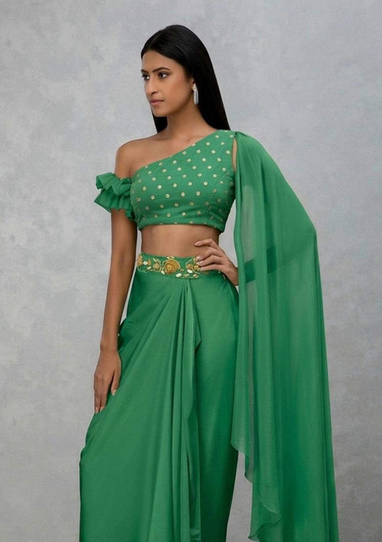 Green Embellished Georgette Fusion Set - Indya