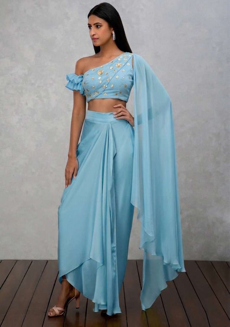 Sky Blue Embellished Georgette Fusion Set for Diwali and Festive Wear - Indya