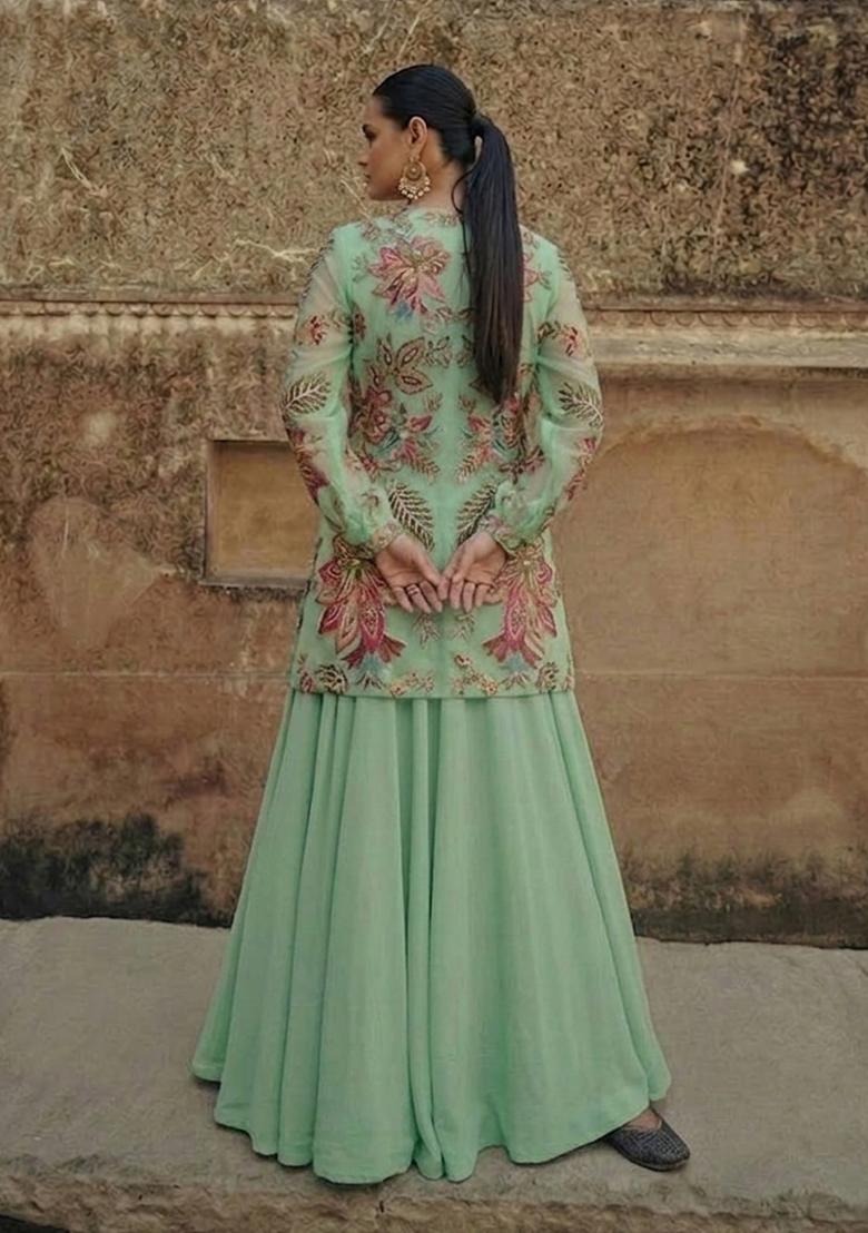 Mint Green Embellished Viscose Lehenga Set - Indya
