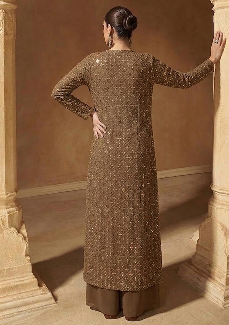 Chocolate Brown Sequin Georgette Fusion Set - Indya