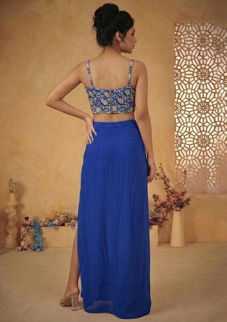 Cobalt Blue Sequin Georgette Fusion Set - Indya
