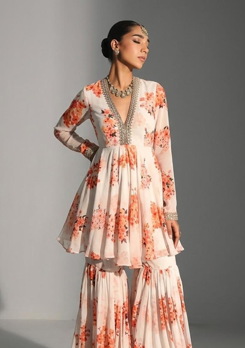 Chalk White Printed Georgette Sharara Set - Indya