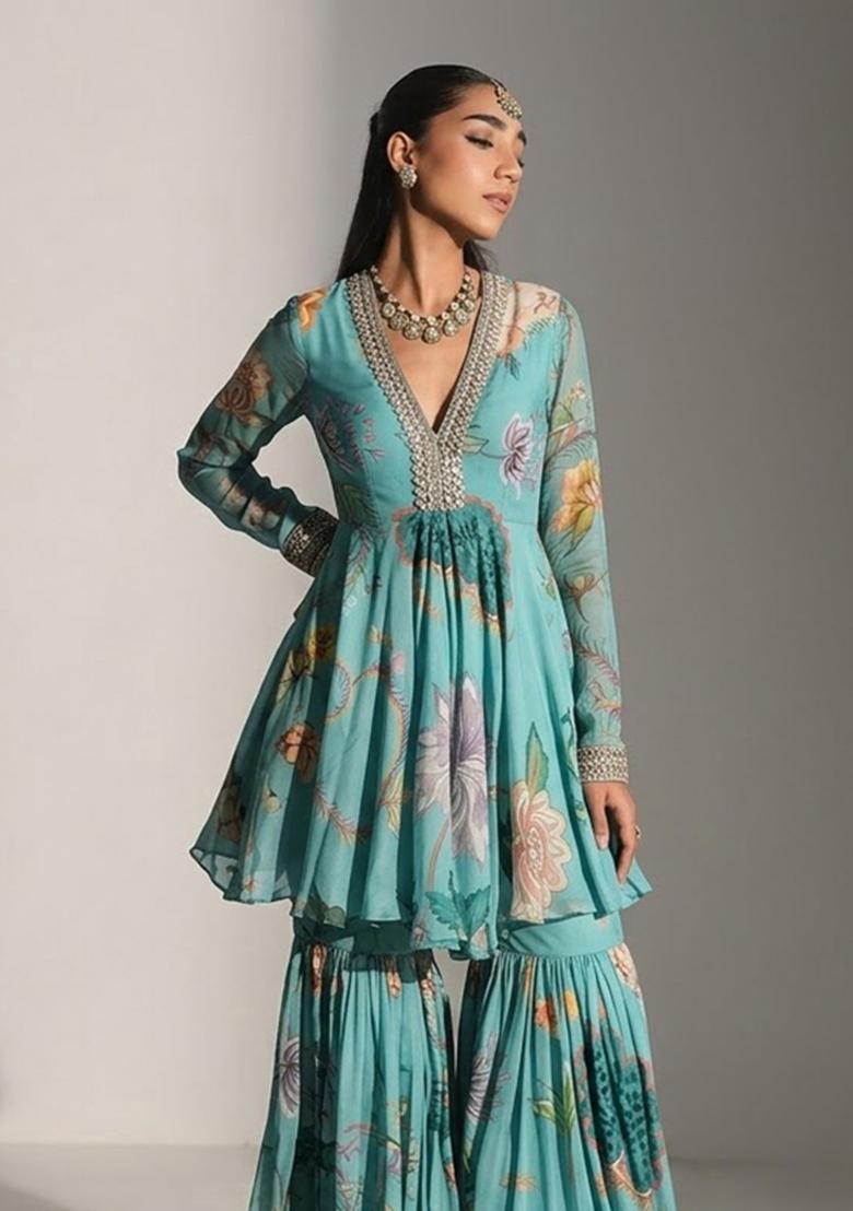 Teal Green Printed Georgette Sharara Set - Indya