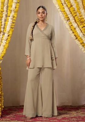 Beige Solid Kurta Set