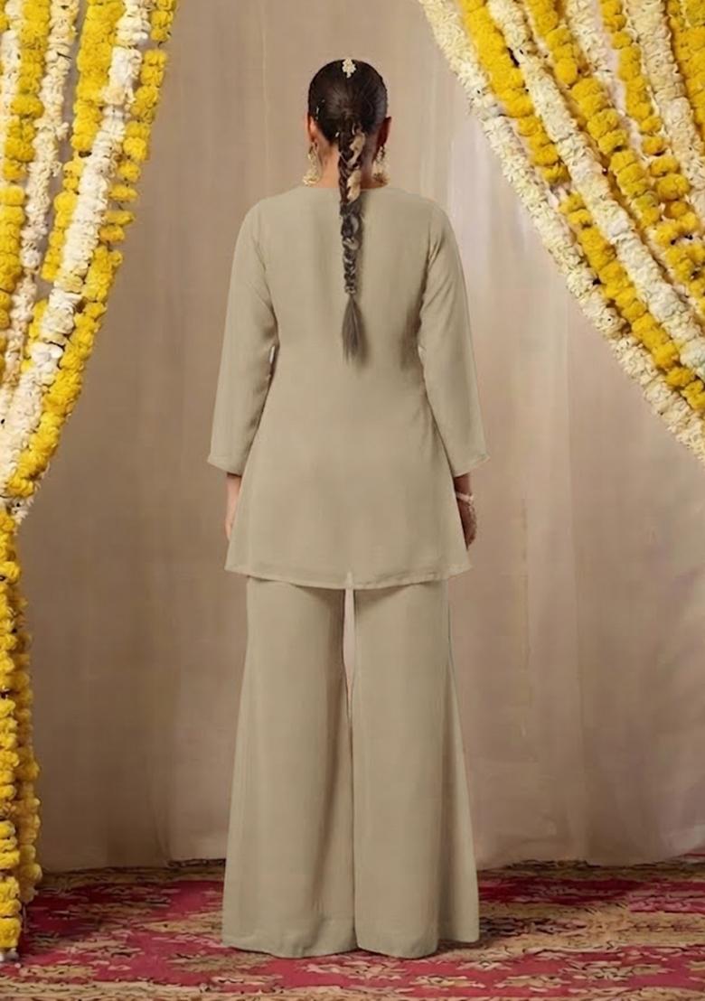 Beige Solid Kurta Set - Indya