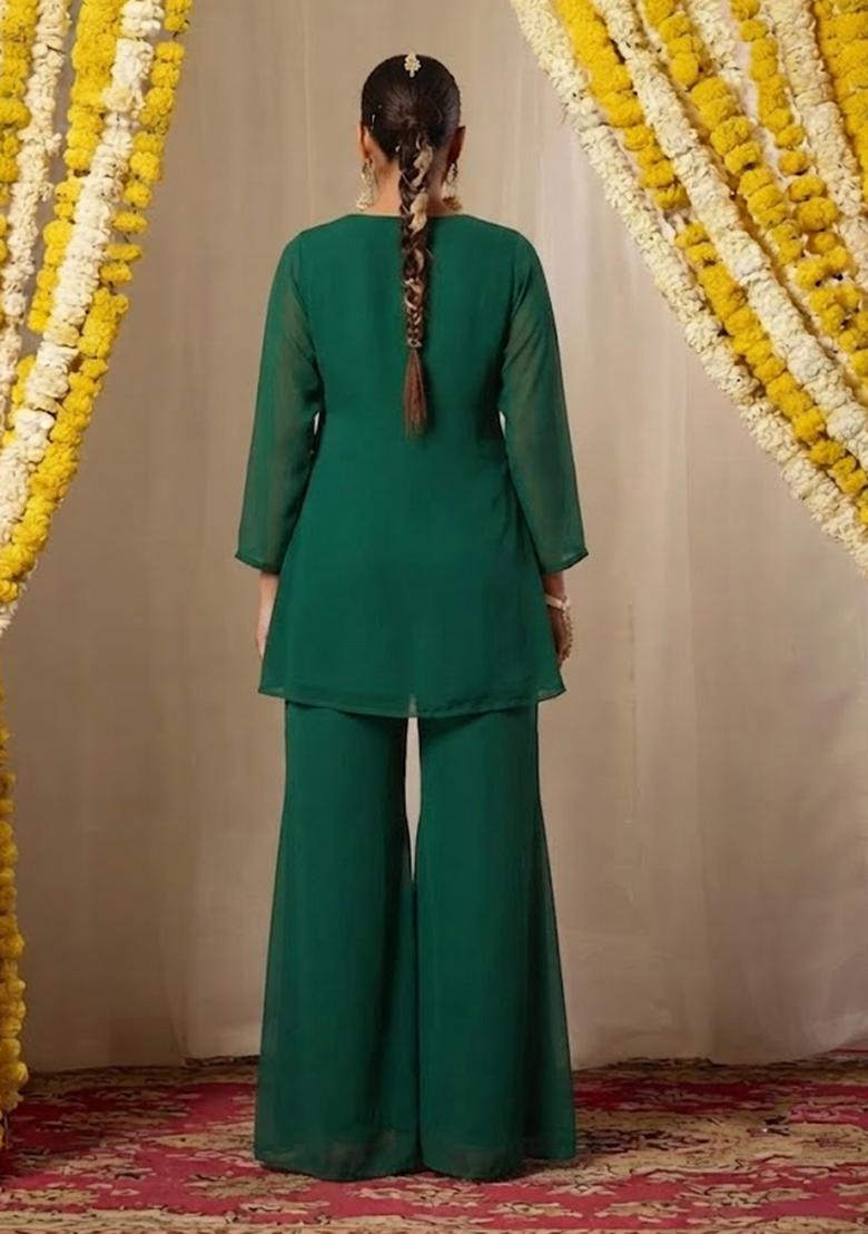 Dark Green Embellished Kurta Set - Indya
