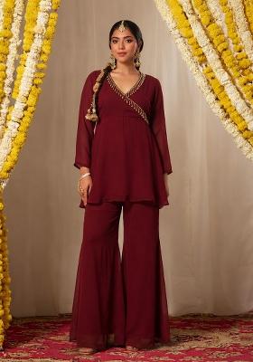 Burgundy Wine Embellished Kurta Set