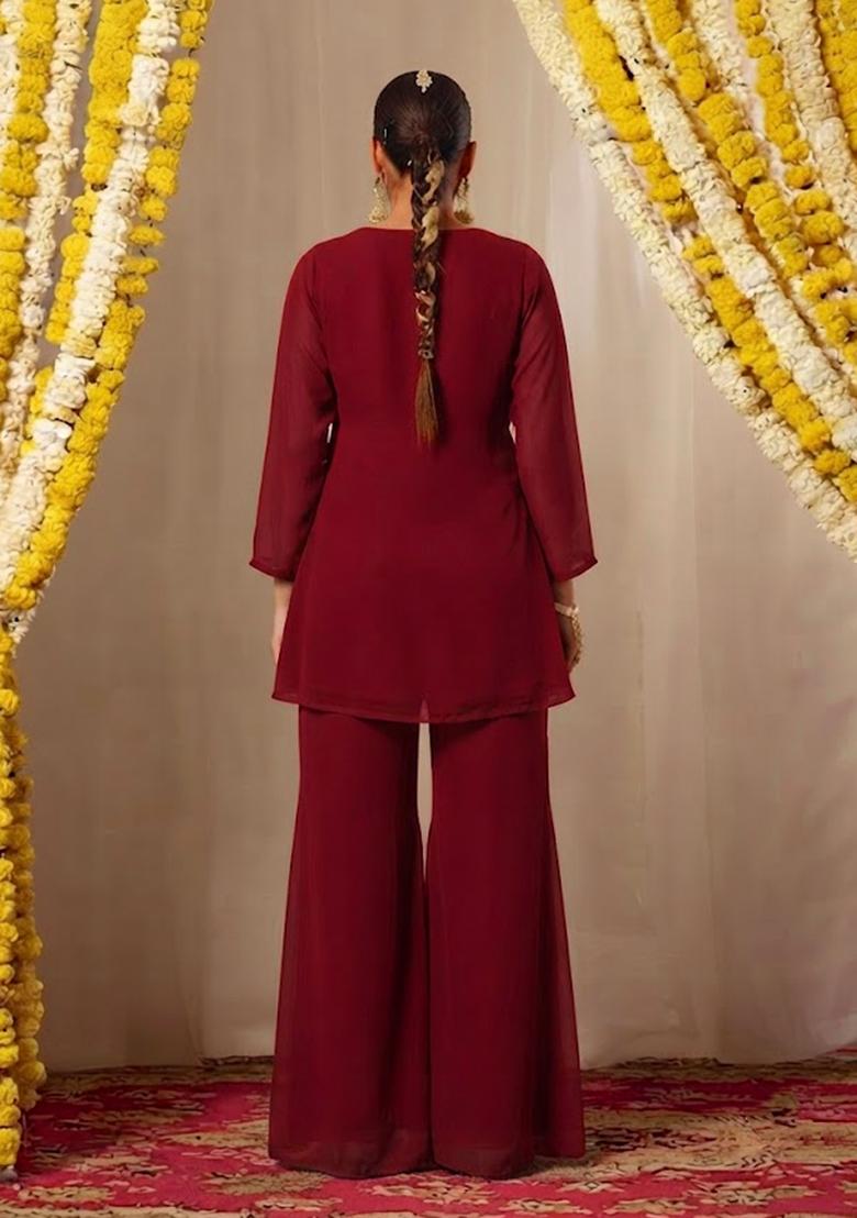 Burgundy Wine Embellished Kurta Set - Indya