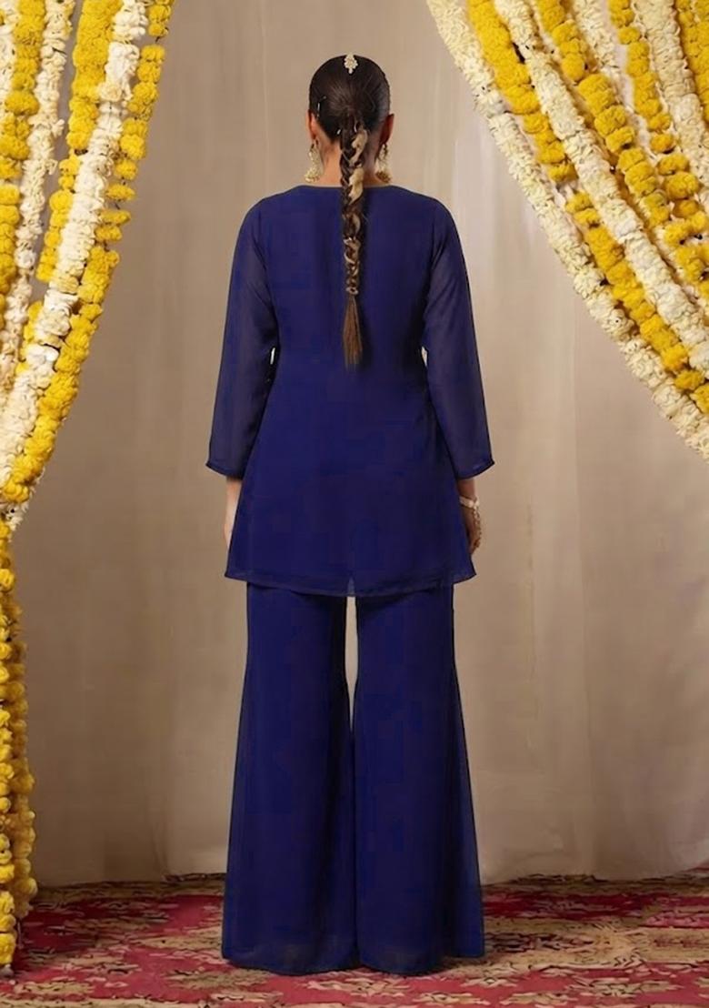 Navy Blue Solid Kurta Set - Indya