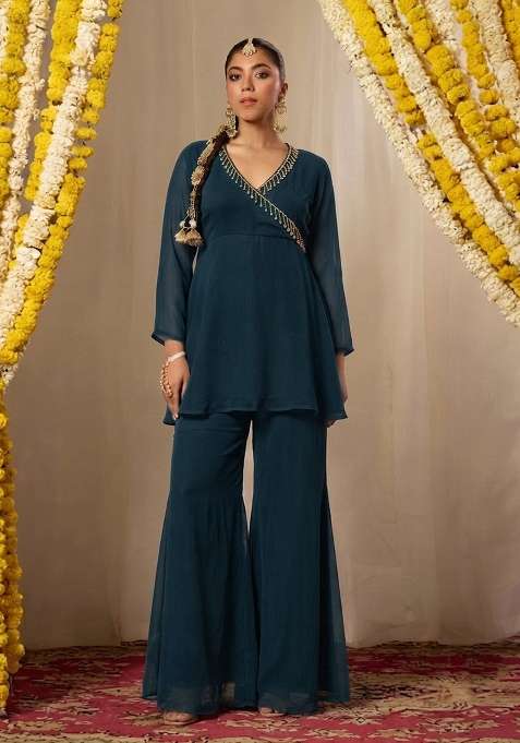 Deep Teal Embellished Fusion Set for Diwali | Wedding & Festive Wear