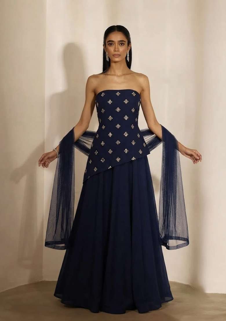 Navy Blue Embellished Lehenga Set - Indya