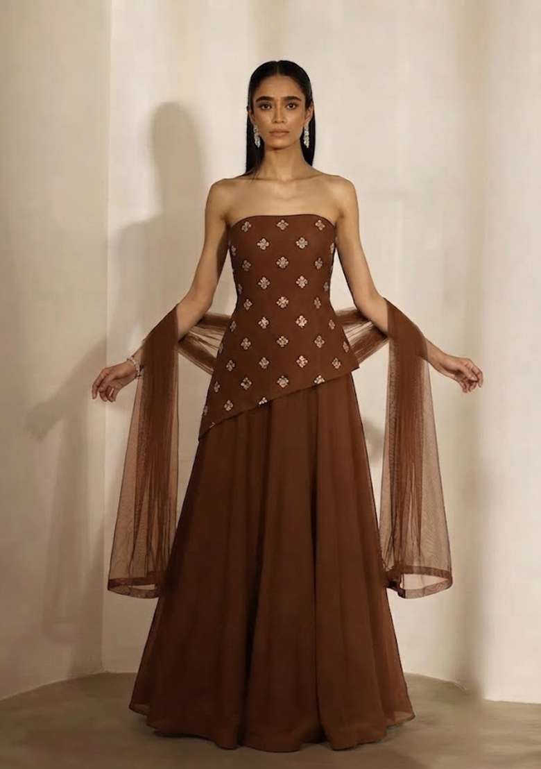 Chocolate Brown Embellished Lehenga Set - Indya