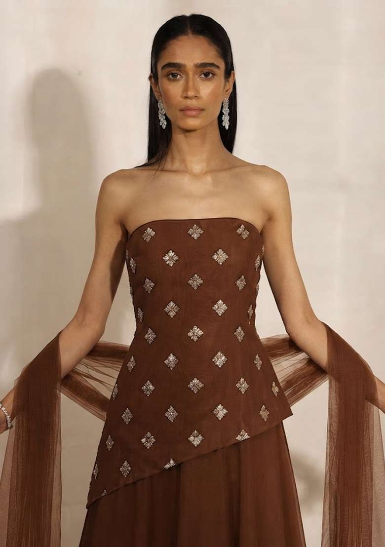 Chocolate Brown Embellished Lehenga Set - Indya