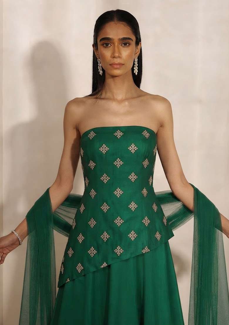 Emerald Green Embellished Lehenga Set - Indya