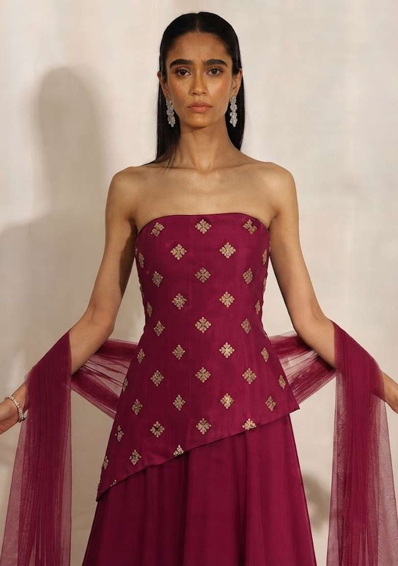 Deep Wine Embroidered Lehenga Set - Indya