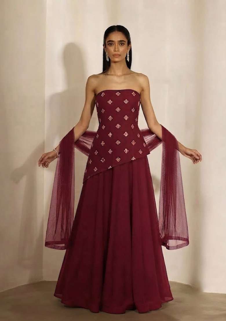 Wine Embellished Lehenga Set - Indya