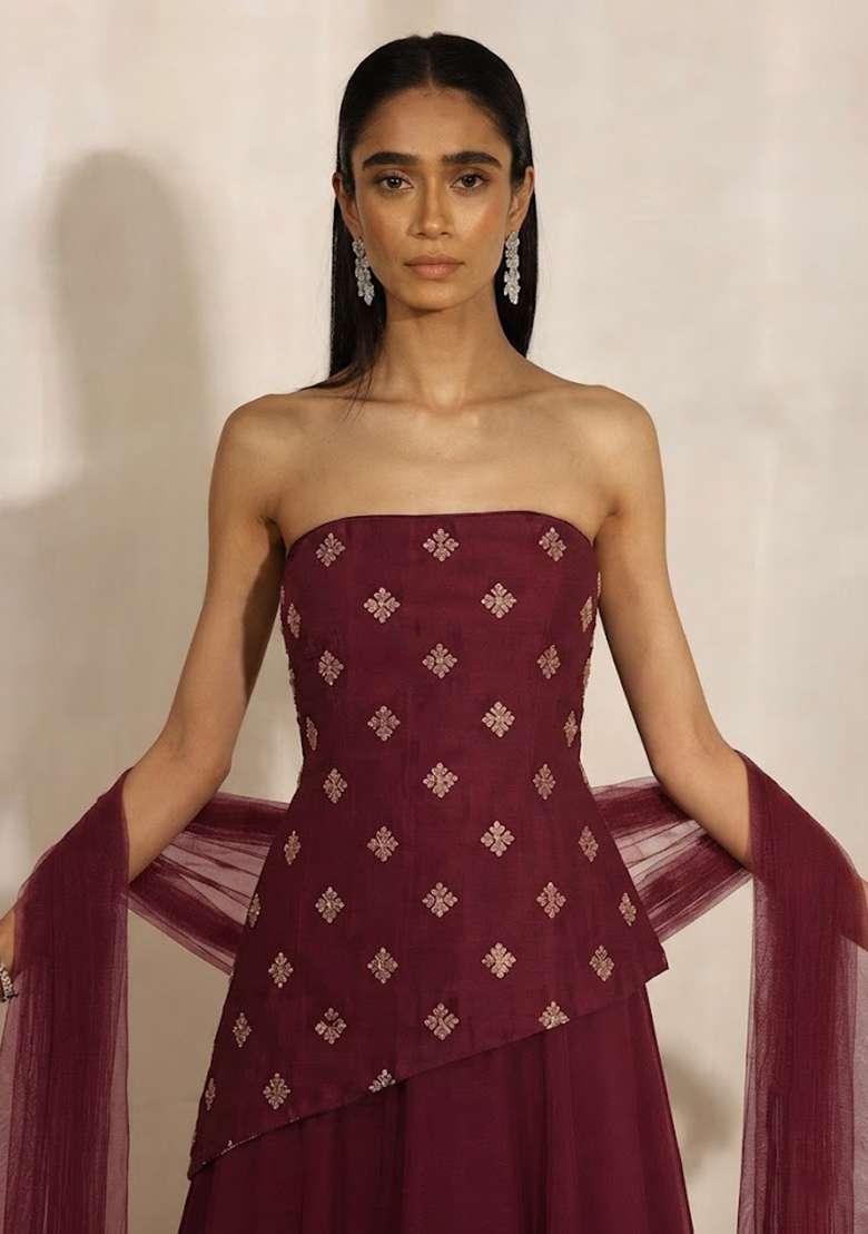 Wine Embellished Lehenga Set - Indya