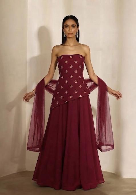 Wine Embellished Lehenga Set