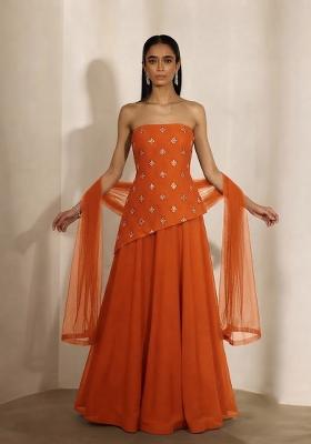 Rust Orange Embellished Lehenga Set