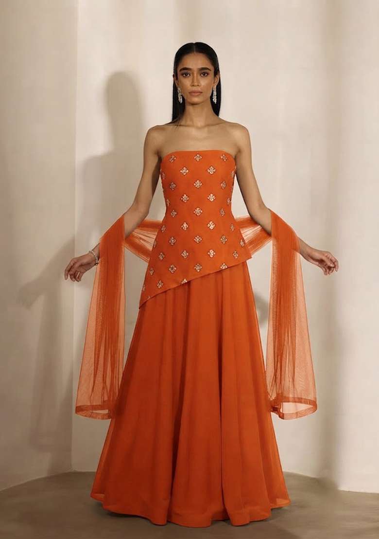 Rust Orange Embellished Lehenga Set - Indya