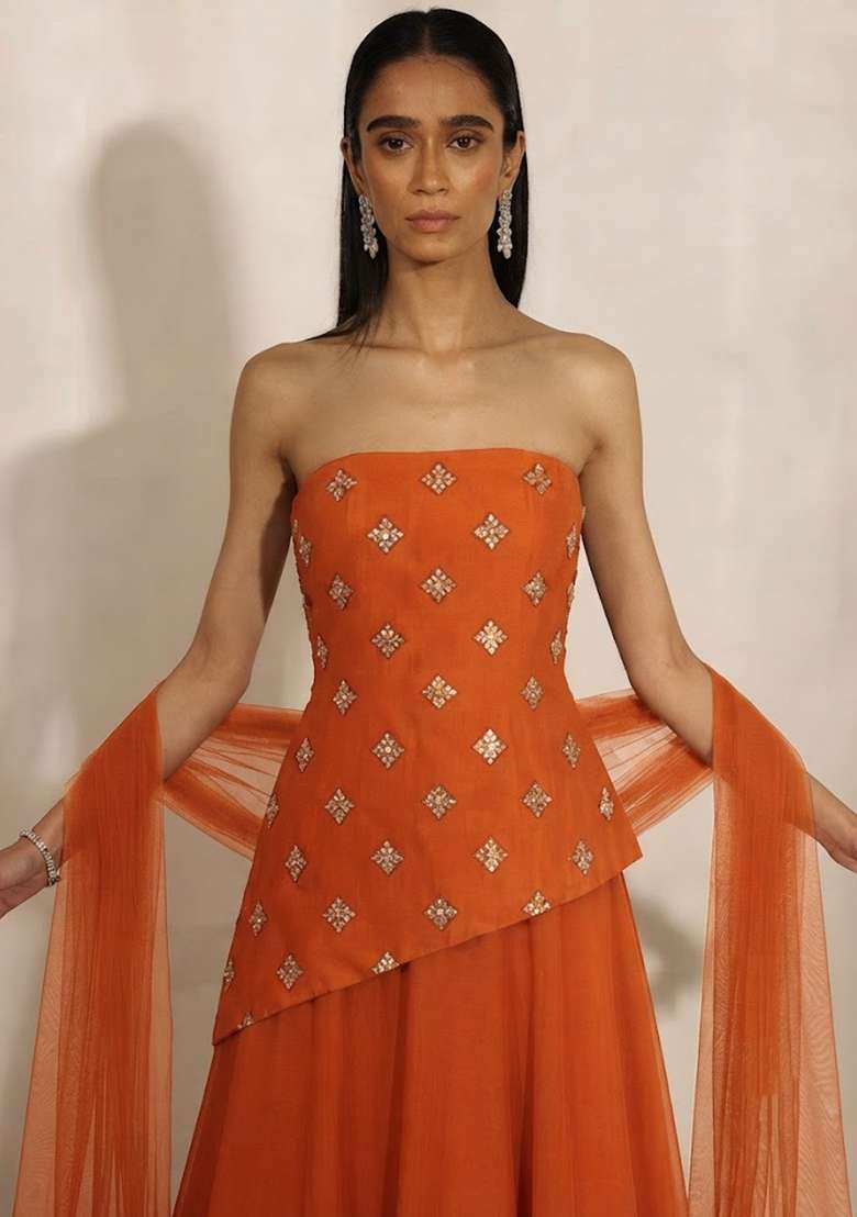 Rust Orange Embellished Lehenga Set - Indya