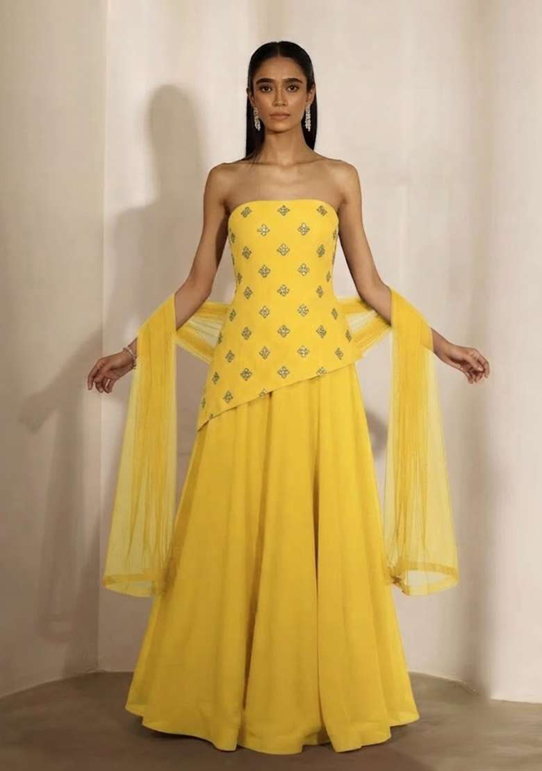 Butter Yellow Embellished Lehenga Set - Indya